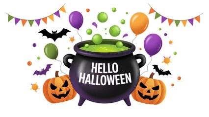 Halloween cauldron with potion pumpkins and balloons vector illustration for holiday designs and dec