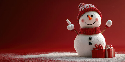 funny cheerful snowman in santa hat Christmas character with surprise face pointing finger to the side, 3d illustration, playful holiday pose, isolated on red background with copy space
