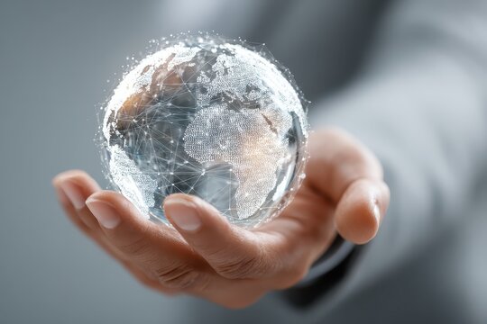 Person holds a digital globe displaying Africa, Europe, and the Middle East, showcasing interconnectedness and technology