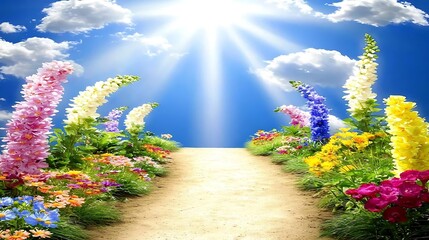 Peaceful dirt road stretching through colorful flower meadows with soft sunlight breaking through scattered clouds