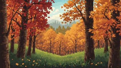 Pixelated Autumn Forest Scene Vibrant Trees and Grassy Ground