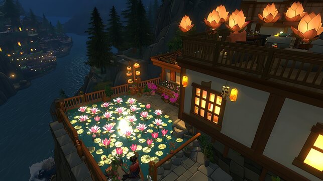 Peaceful evening riverscape with lotus-covered water, surrounding trees, and warm sunlight reflecting on surface