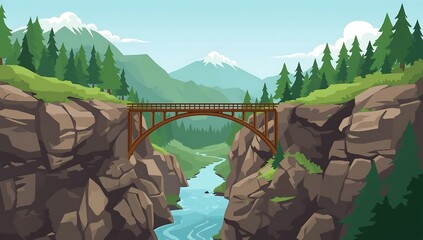 Scenic Illustration of a Wooden Bridge over a River in a Mountain Landscape