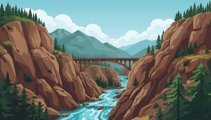 Scenic Illustration of a Red Bridge over a River Canyon Landscape