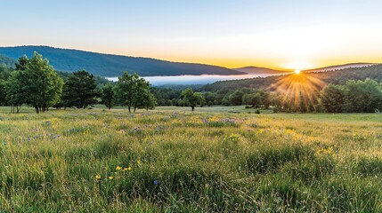 Fototapeta premium Lush meadow with wildflowers and trees against foggy mountain backdrop during peaceful morning sunrise