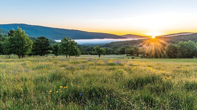 Lush meadow with wildflowers and trees against foggy mountain backdrop during peaceful morning sunrise