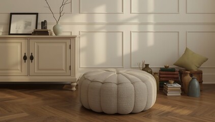 Cozy Interior with Soft Ottoman and Decorative Elements in Warm Sunlight