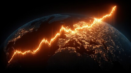Global economy showing positive growth trend with glowing arrow pointing upward over world map