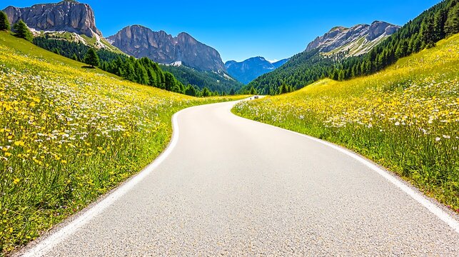 Country road passing through meadow and forest with mountains visible in distance under bright blue sky - Powered by Adobe