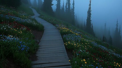 Wooden walkway through forest edge beside colorful wildflowers with misty mountains in the distance