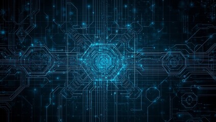 Abstract Blue Digital Circuit Board Design with Hexagons and Geometric Patterns