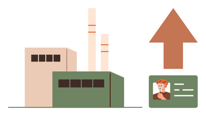 Factory building with two chimneys, worker ID card, and large upward arrow symbolizing business growth, workforce recognition, and industrial development. Ideal for corporate success, productivity