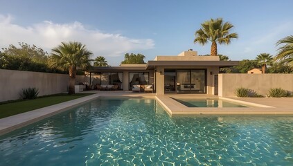 Luxury Tropical Villa with Pool, Modern Architecture and Palm Trees