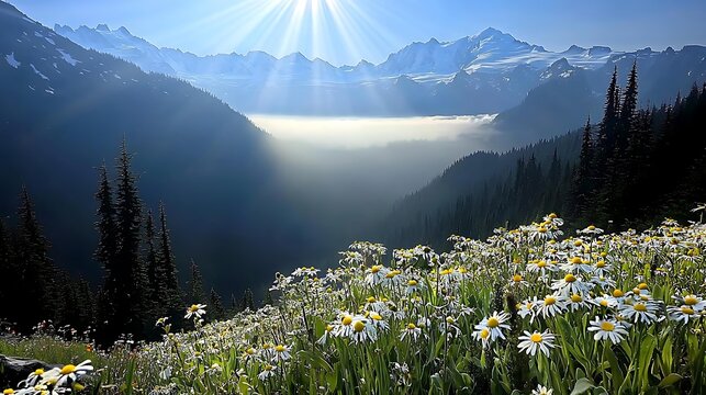 Wildflowers and dense forest trees near majestic mountains shrouded in early morning mist with soft sunlight rays