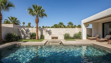 Luxurious Modern Villa with Pool and Tropical Garden on a Sunny Day