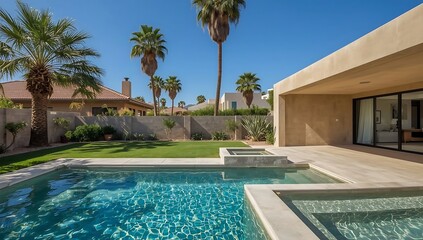 Luxury Modern Home with Swimming Pool, Palm Trees, and Sunny Backyard