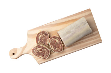 Bolo de rolo, typical brazilian northeast roll cake filled with guava cream isolated over white background
