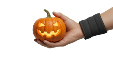 A realistic human hand holding a small carved pumpkin, visible wrist, cinematic shadow, isolated on plain green background, photorealistic