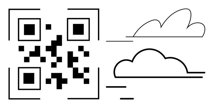 QR code paired with two outlined cloud shapes and horizontal lines representing connectivity, scanning, or digital elements. Ideal for technology, innovation, minimalism, apps, networking, cloud