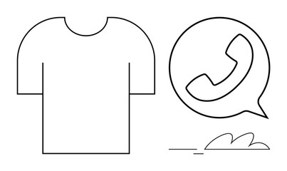 Minimalist T-shirt silhouette and phone icon inside a speech bubble, thin lines, simple details. Ideal for communication, clothing, customer service, contact, retail, fashion branding simple flat