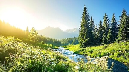 Serene mountain valley filled with wildflowers and trees beside flowing river under light morning mist