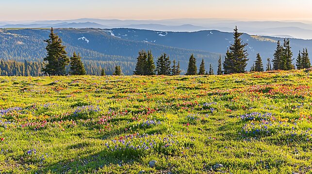 Serene mountain valley with colorful wildflowers trees and a gentle river under misty morning light - Powered by Adobe