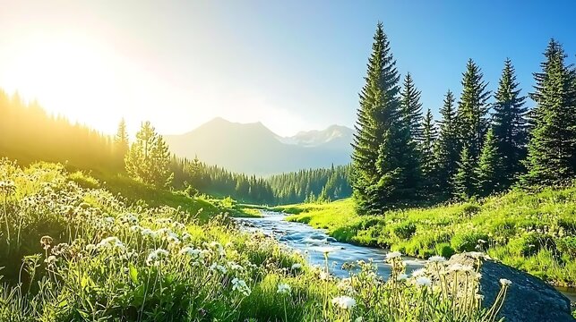 Serene mountain valley filled with wildflowers and trees beside flowing river under light morning mist