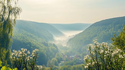 Serene mountain landscape featuring blooming wildflowers and green trees under a blanket of morning fog and golden sunlight