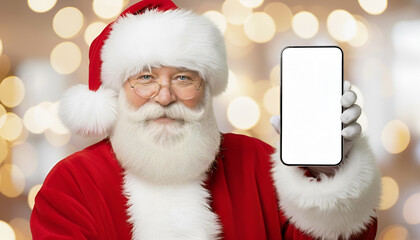 Santa Claus holding smartphone with blank white screen on red background. Christmas mockup for advertising and new year design