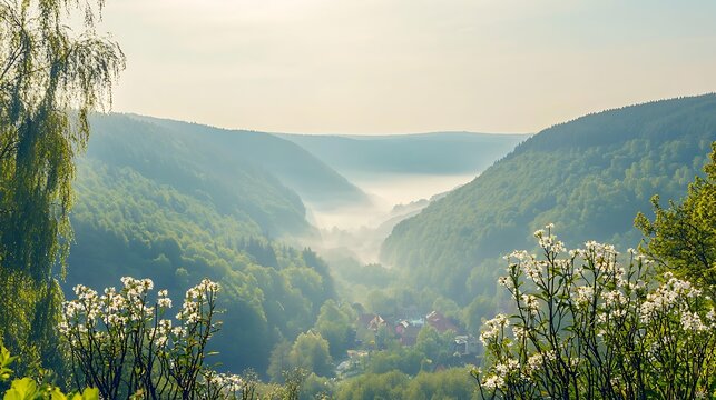 Serene mountain landscape featuring blooming wildflowers and green trees under a blanket of morning fog and golden sunlight - Powered by Adobe