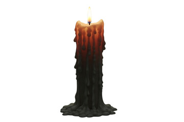 A tall wax candle with melting drips and a small flame, spooky atmosphere, isolated on plain green background, photorealistic