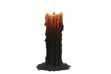 A tall wax candle with melting drips and a small flame, spooky atmosphere, isolated on plain green background, photorealistic