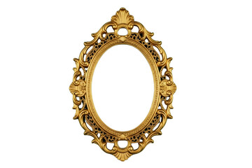 Untitled design - A vintage oval mirror frame without reflection, ornate gold metal, isolated on plain green background