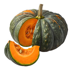 Thai Pumpkin with Dark Green Skin and Orange Flesh, Isolated on Transparent Background