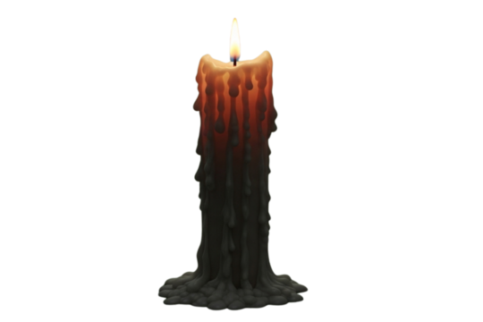 A tall wax candle with melting drips and a small flame, spooky atmosphere, isolated on plain green background, photorealistic - Powered by Adobe