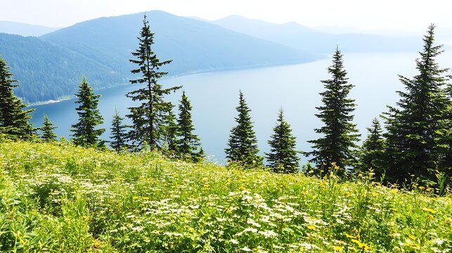 Calm river winding through meadow of wildflowers with trees and mountain peaks covered in morning fog