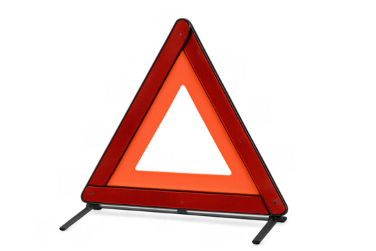 Emergency warning triangle standing on a transparent background, ensuring road safety and caution for motorists - Powered by Adobe