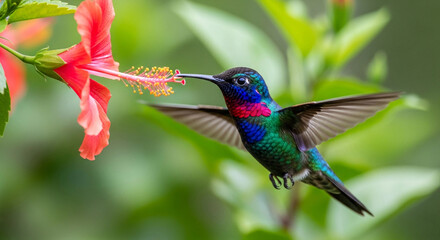 Fototapeta premium A vibrant hummingbird hovers near a red hibiscus flower. The bird displays iridescent green and blue feathers, showcasing its delicate wings and long beak.