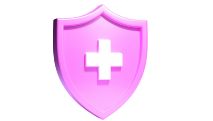 Isolated on Transparent Background 3D Glossy Pink Shield with White Cross Emblem, Angled Perspective