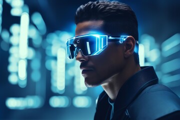 Software engineer wearing ar glasses working with big data in futuristic server room, exploring virtual holographic interface