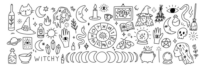 Witch and witchcraft magic with occult astrology tarot appear. Moon crescent phases zodiac and celestial crystal potion cauldron show detail. Broom, candle, skull, snake, eye, hamsa, pentacle and cat 