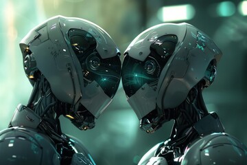 Fototapeta premium Two futuristic robots with glowing visors are touching heads, suggesting a connection or communication in a high tech environment