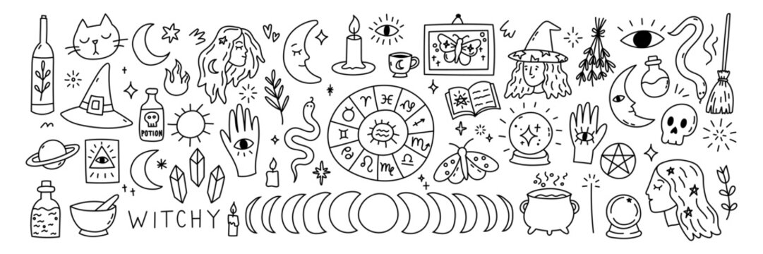 Witch and witchcraft magic with occult astrology tarot appear. Moon crescent phases zodiac and celestial crystal potion cauldron show detail. Broom, candle, skull, snake, eye, hamsa, pentacle and cat 