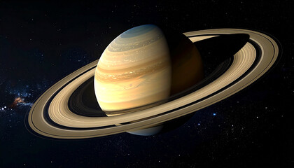 Horizontal view of Saturn with complete ring system, fully visible planet, realistic.