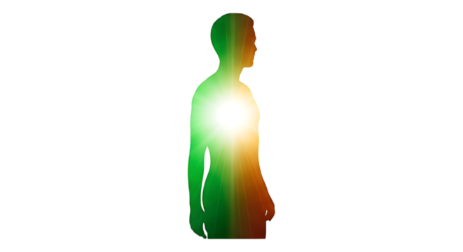 Silhouette of a man with a glowing heart isolated on transparent background