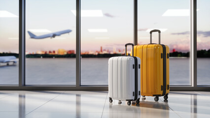Pair of Suitcases in Airport terminal window with airplane takeoff. Travel? journey, vacation...