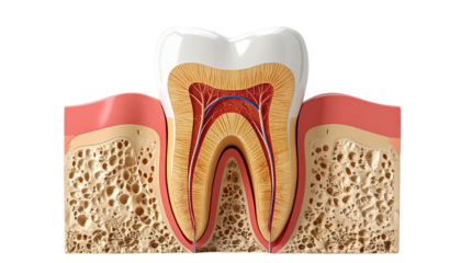 Isolated on Transparent Background Realistic Cross-Section of Human Molar Tooth Showing Inner Anatomy, Front View, PNG