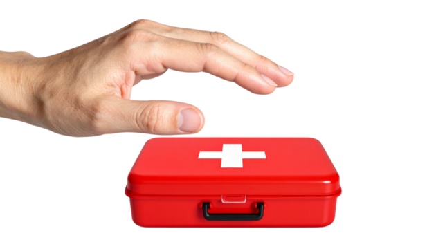 Isolated on Transparent Background Open Palm Supporting Red Medical First Aid Kit, Angled Side View
