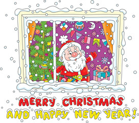 Santa Claus waving in greeting from a snowy window of a festively decorated nursery room with a green Christmas tree, colorful balls, garlands and gifts, vector cartoon illustration
