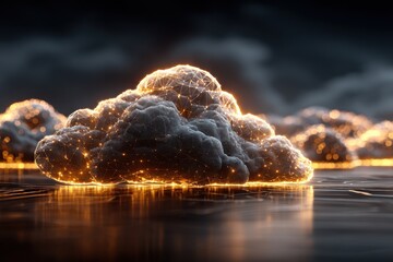 Cloud computing representation above illuminated circuit board with bokeh effects